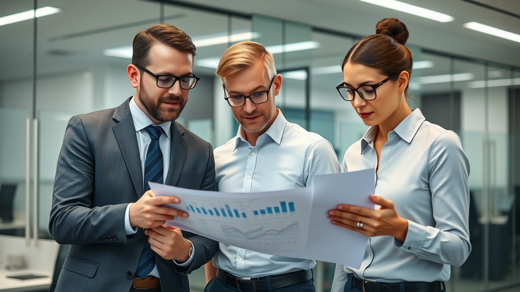 Business leadership team assessing cost-benefit of fractional CMO services compared to executive hires with charts and laptops
