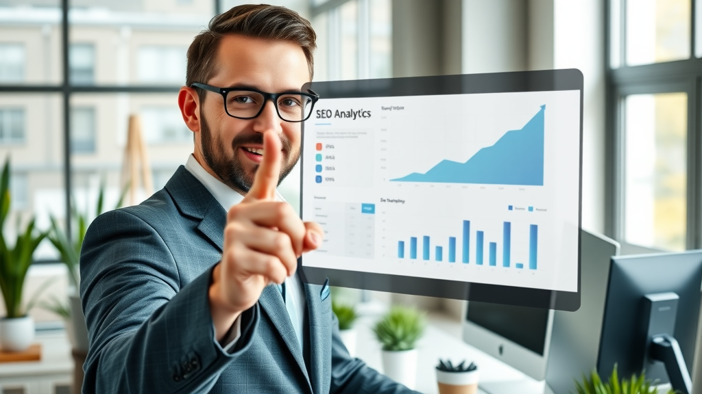 Modern business website dashboard showing off-page SEO analytics, upward-trending graph, and digital marketer pointing at results