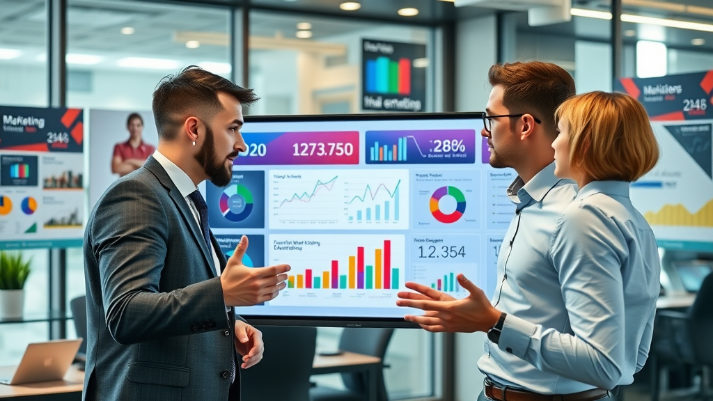 business professionals analyzing video marketing growth charts with video marketing tools