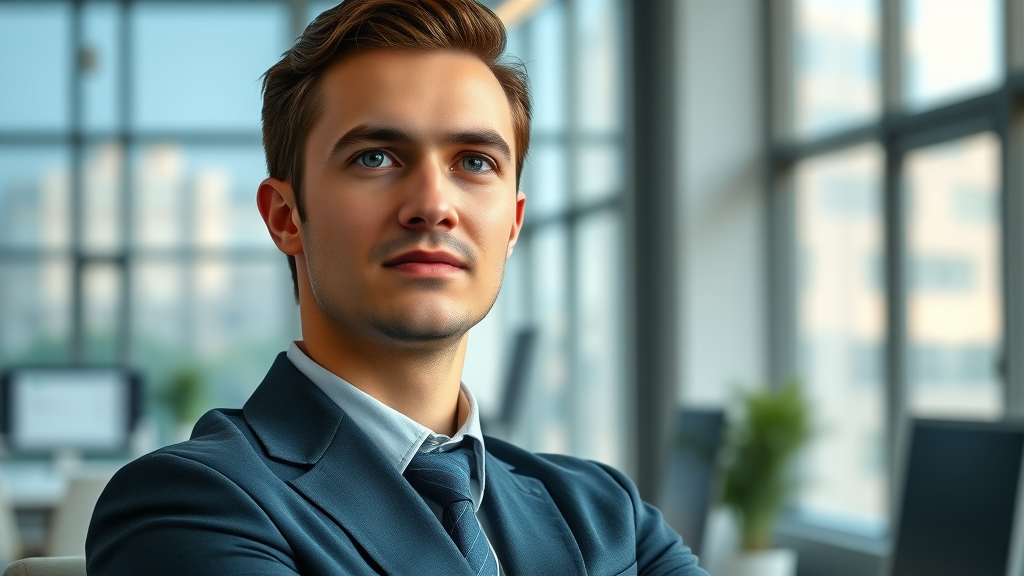 confident young professional with strong personal brand in a modern office