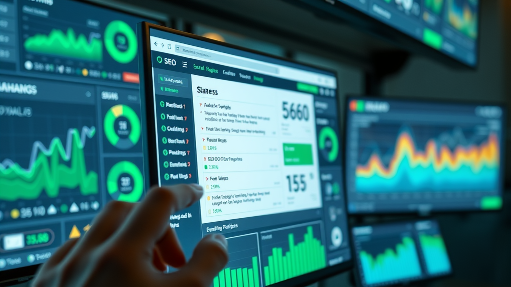 Close-up of SEO analytical dashboard evaluating website with key SEO ranking factors