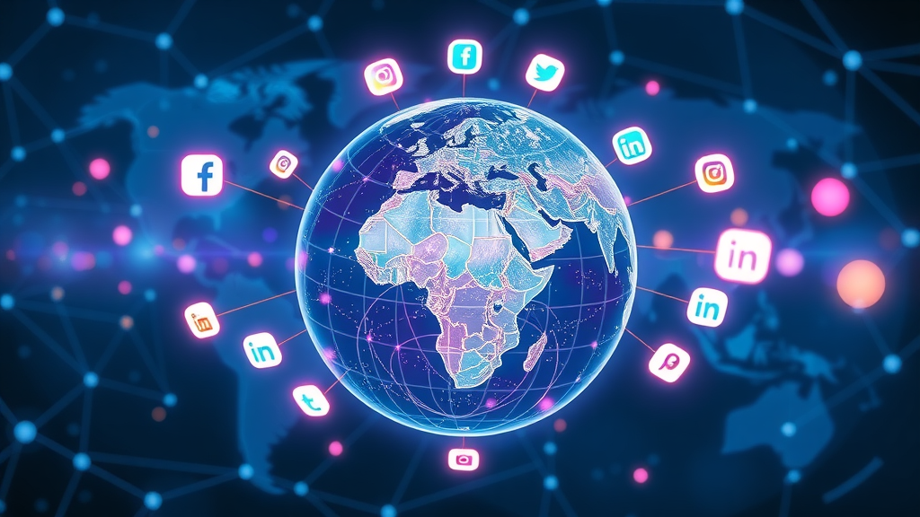 social media marketing globe with floating digital social media icons and world map background