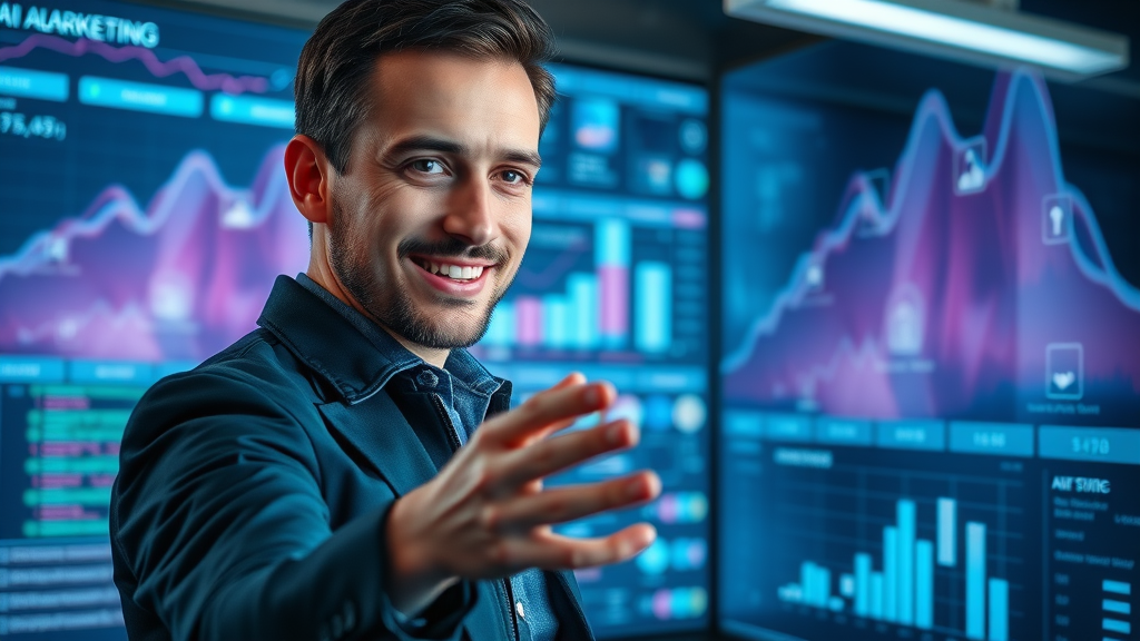 marketing trend AI algorithm screen digital marketing professional at workstation