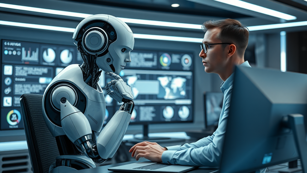 futuristic AI robot using video marketing tools with a marketer in a digital control room
