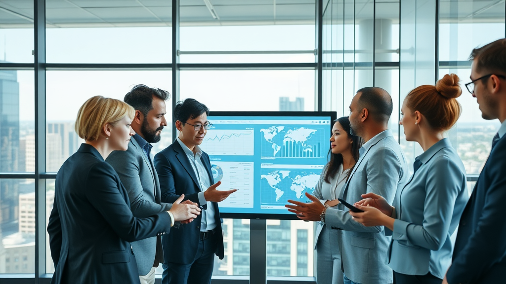 digital marketing expert team brainstorming around dashboard in a modern glass-walled office with city views
