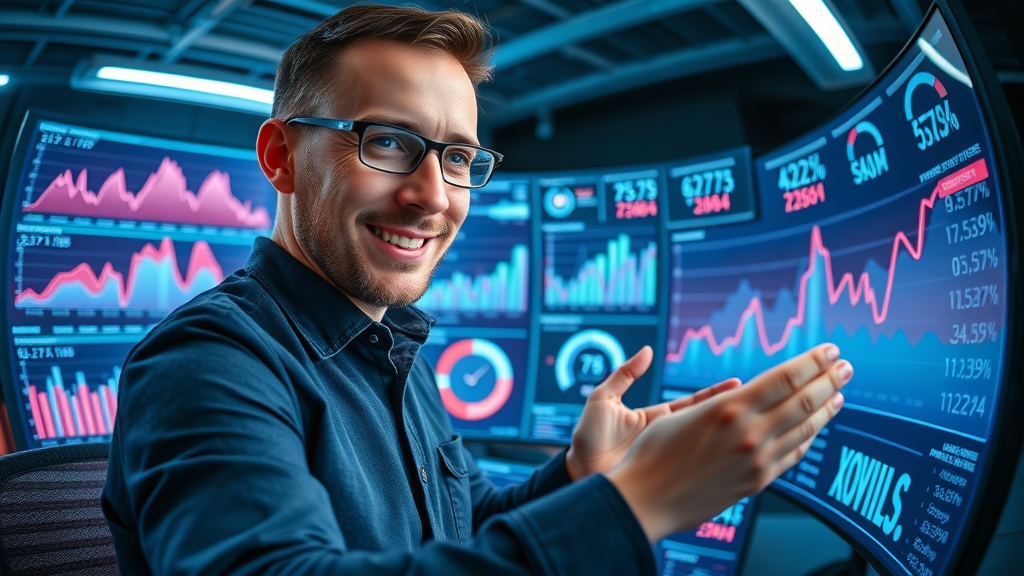 marketer reviewing analytic dashboard and KPIs, content creation success metrics