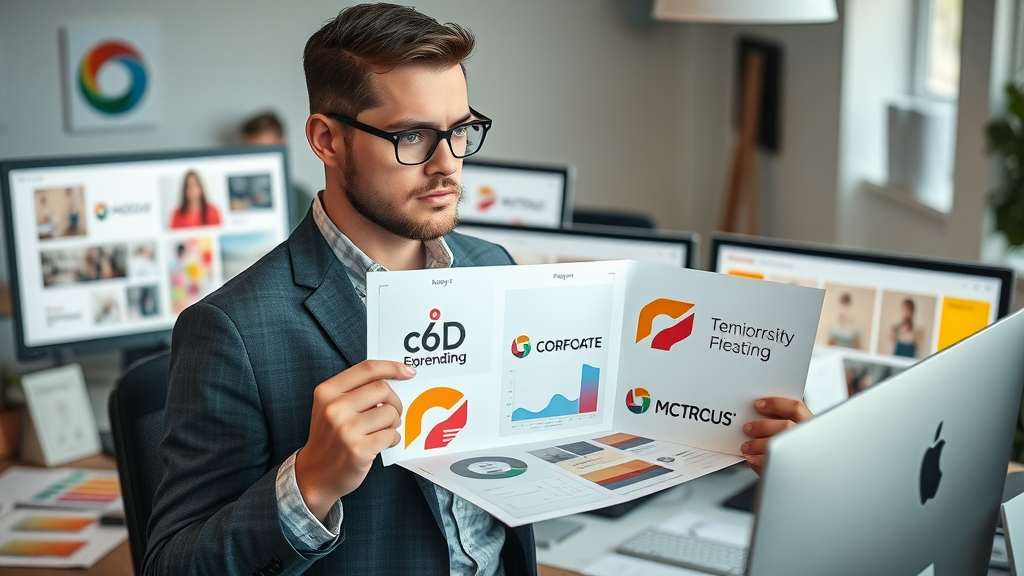 sleek corporate branding elements, creative designer presenting mood boards and logos, visual identity and branding strategy discussions, agency workspace, branding materials, soft neutral tones