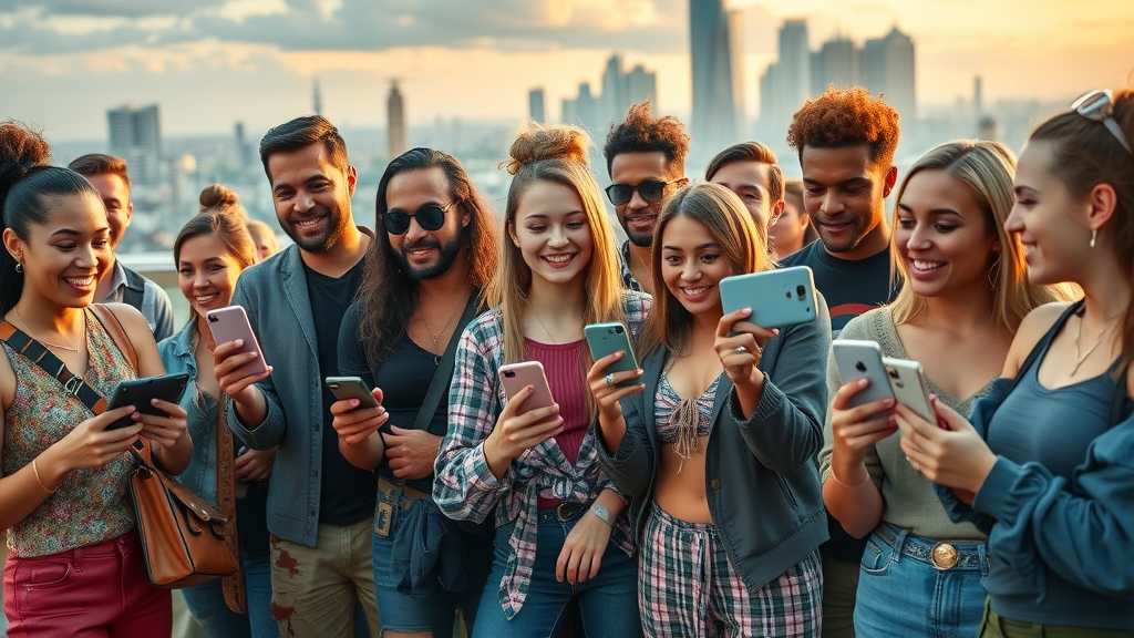 diverse group of influencers using smartphones and cameras, dynamic social interactions, urban rooftop at golden hour