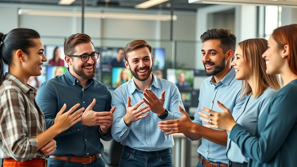vibrant team of young marketing professionals collaborating on social media video strategy, modern office, digital screens, video-editing software, social media video marketing