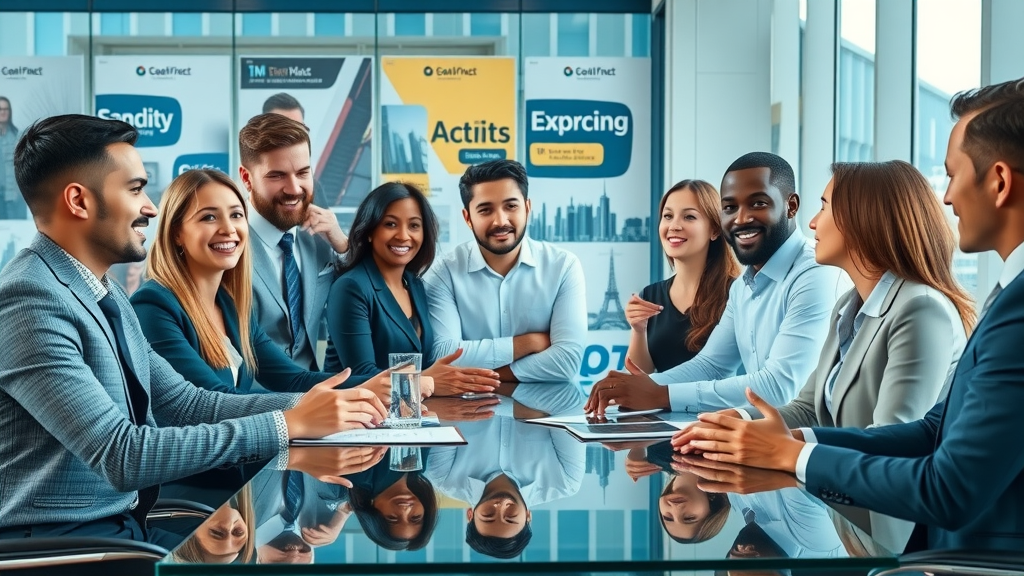 Brand management professionals collaborating on strategy in a contemporary office