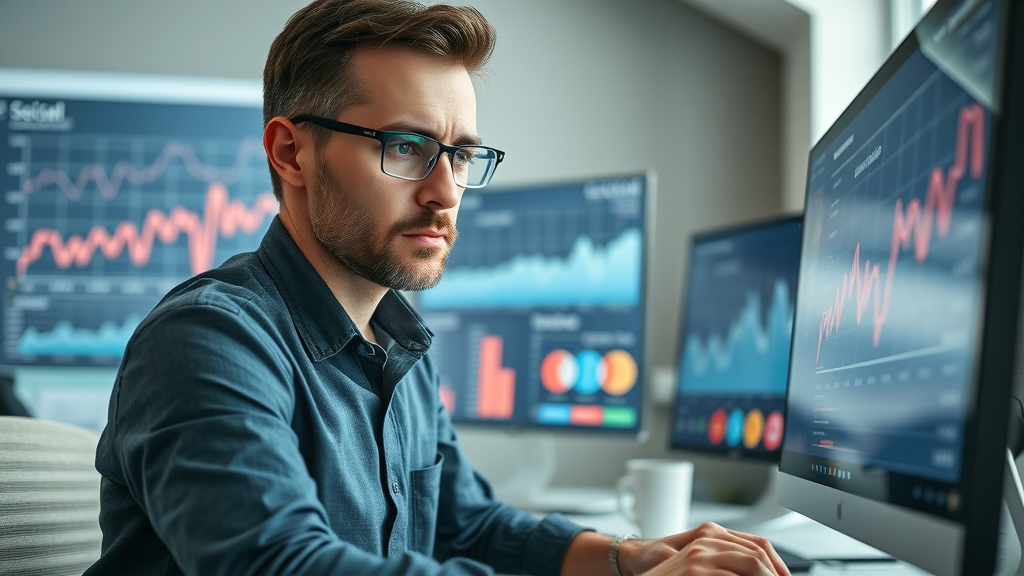 marketing specialist reviewing social media analytics dashboard for media marketing strategy optimization