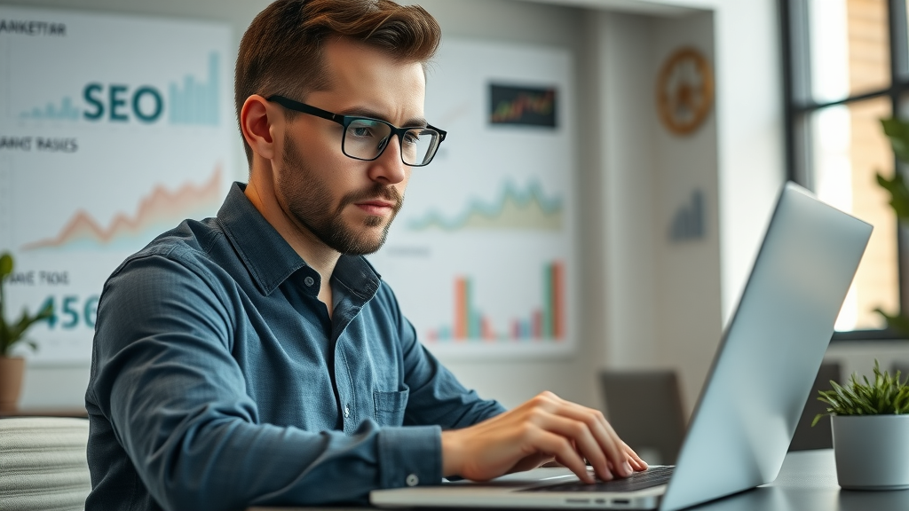 Professional digital marketer reviewing on-page SEO rankings and data analytics in a modern office with SEO charts.