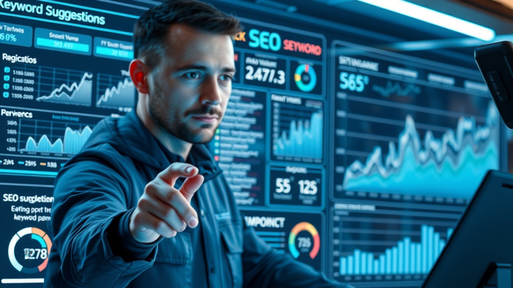 SEO specialist reviewing keyword tool dashboard for search volume and suggestions