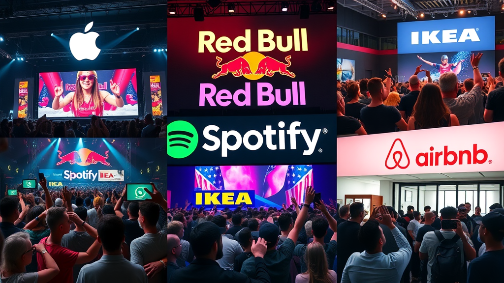 collage of brand awareness success stories, Apple, Red Bull, Spotify, Ikea, Airbnb, industry leaders