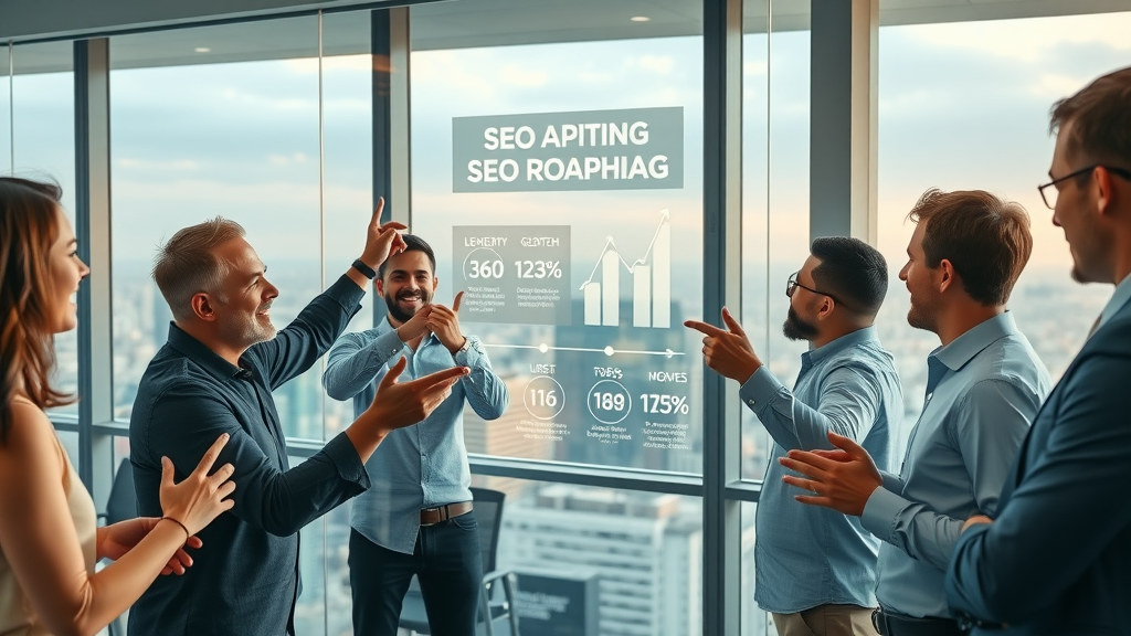 Roadmap infographic for off-page SEO strategies, SEO team brainstorming growth milestones