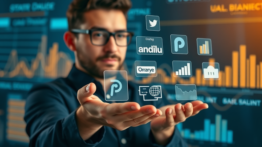 marketer arranging strategic branding icons in a digital workspace for a strong brand
