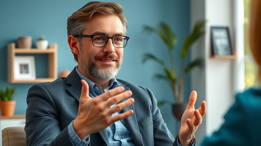 Confident SEO expert sharing impactful on-page SEO tips and advice in an interview setting.