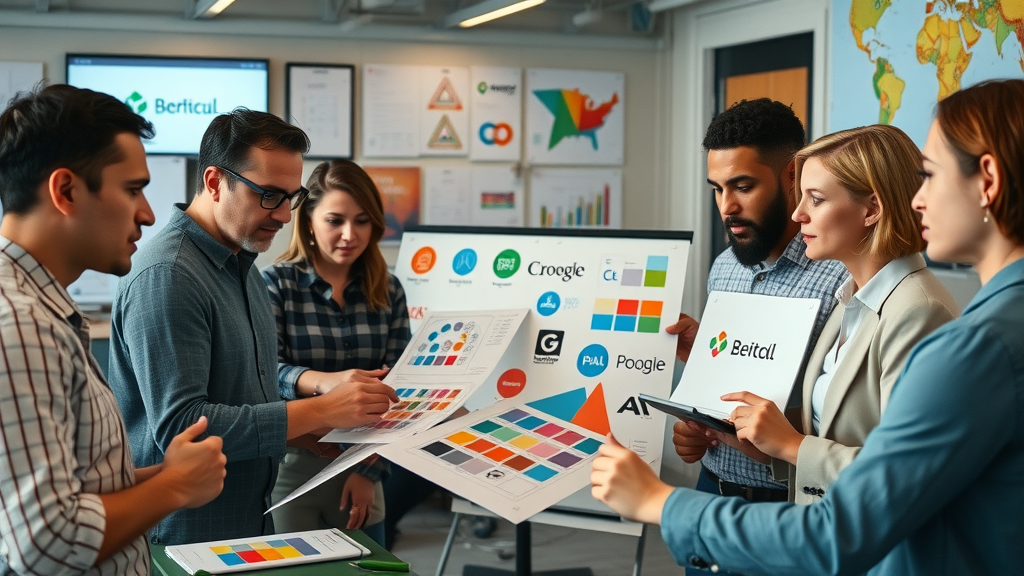 branding experts analyzing color palettes and logo sketches to define visual identity for visual branding