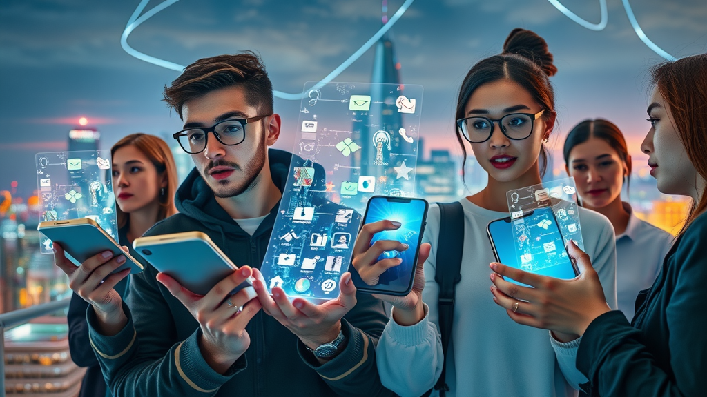 People using futuristic social media technology with holographic app icons for 2024 trends