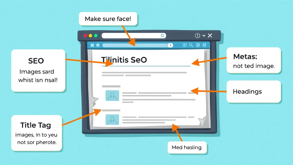 Cutaway illustration of a web page showing title tags, meta description, internal links, images and alt text, and headings for SEO optimization.