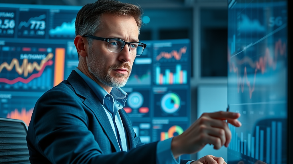 digital marketer analyzing campaign performance on marketing analytics dashboard with fluctuating kpis