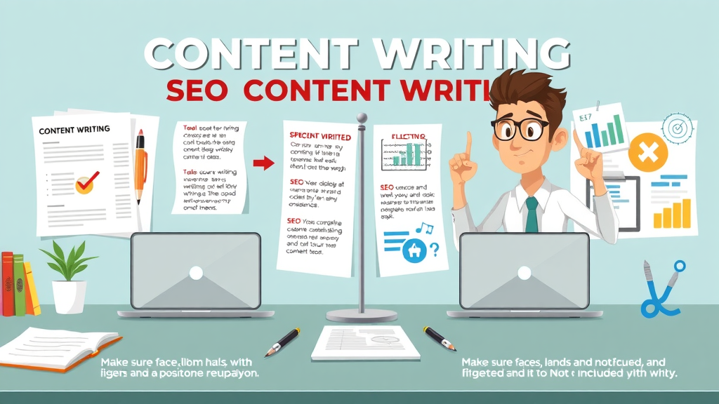 infographic comparing content writing vs SEO content writing with modern tools and goals