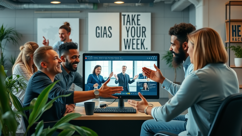 marketing team editing promotional video with advanced video marketing platform