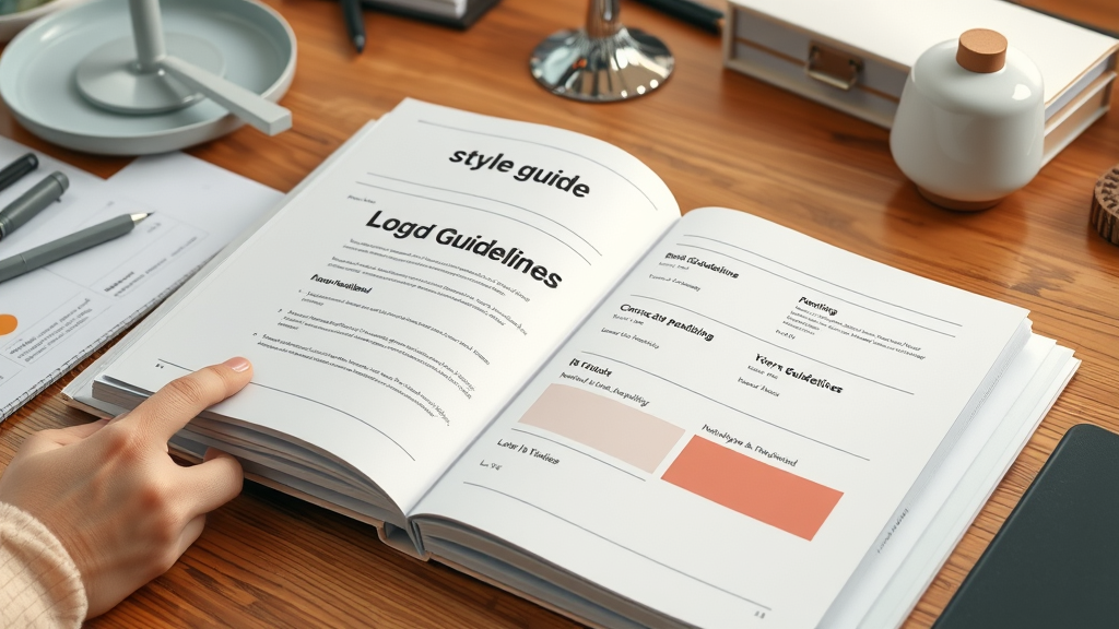organized style guide folder and open brand guidelines book displaying logo rules and color swatches