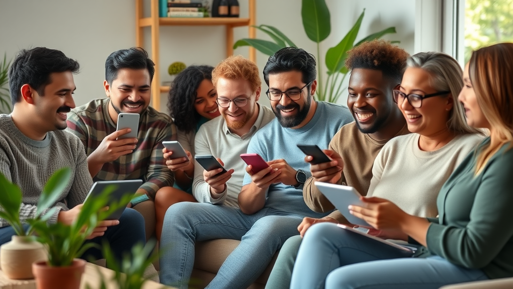 diverse group watching videos, online video, vibrant engaged audience, prime video, modern living room