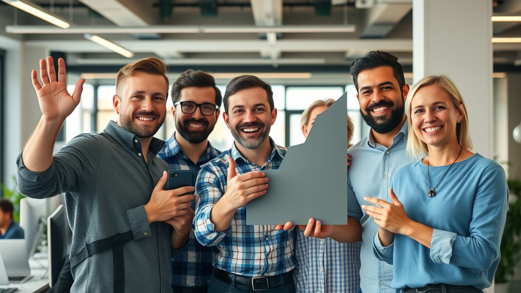 A successful startup team celebrates growth with a chart—fractional cmo for startups enables rapid scaling and market wins.