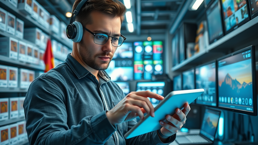Tech-savvy marketer reviewing marketing tools for cost-effective marketing management
