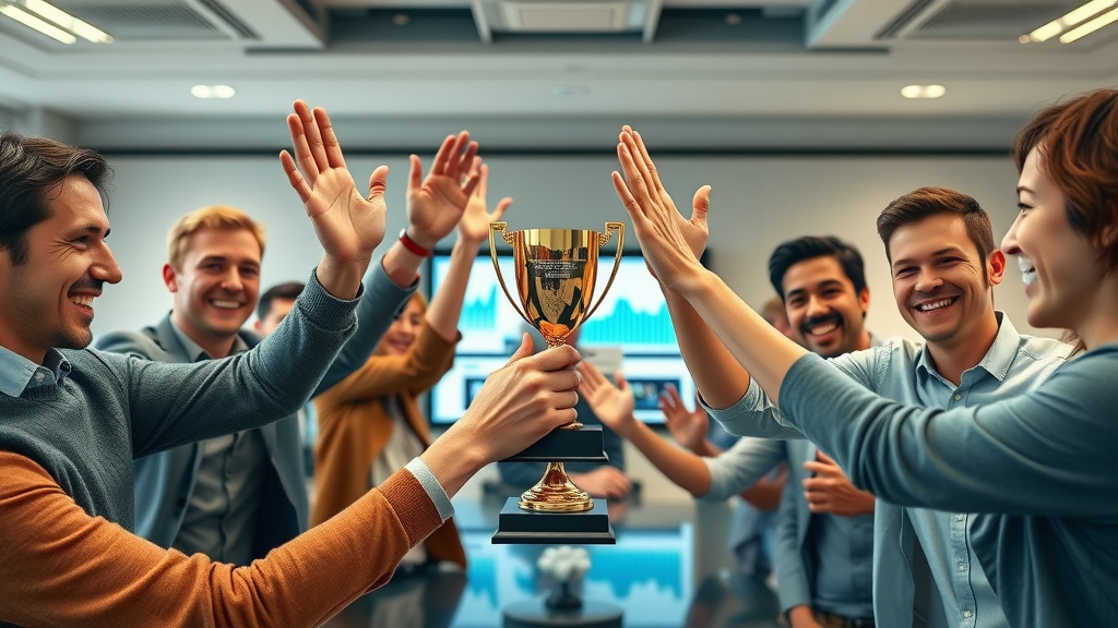 successful marketing team celebrating video marketing performance in a conference room