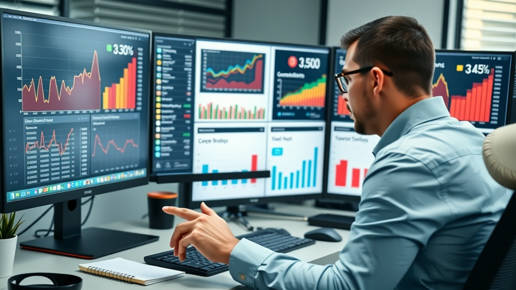 Marketer reviewing SEO analytics tools and charts for search engine ranking factor analysis