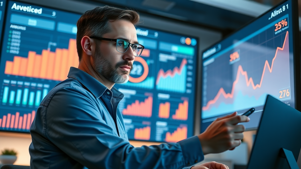 SEO optimization techniques analyst reviewing SEO KPIs dashboard graphs and charts
