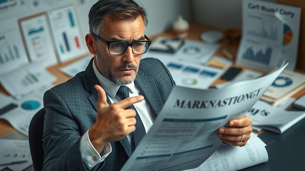 frustrated business leader reviewing failed branding campaign with messy workspace and discarded branding materials
