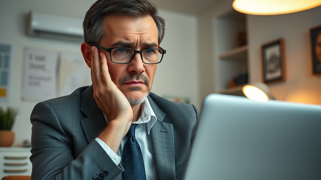 frustrated executive confronting the costs of poor personal branding on laptop