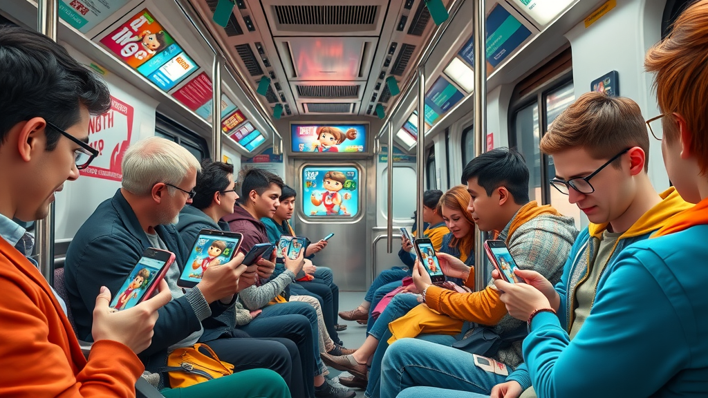 commuters watching video marketing trends on mobile devices in colorful urban subway carriage