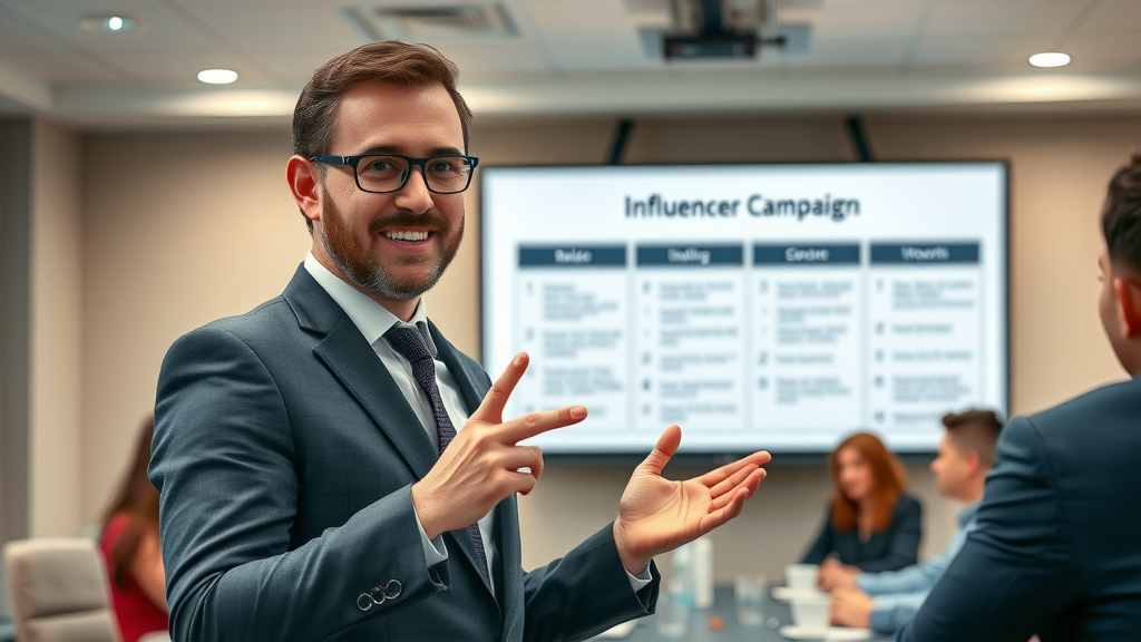 business leader presenting influencer marketing strategy on digital board, confident and professional team, photorealistic