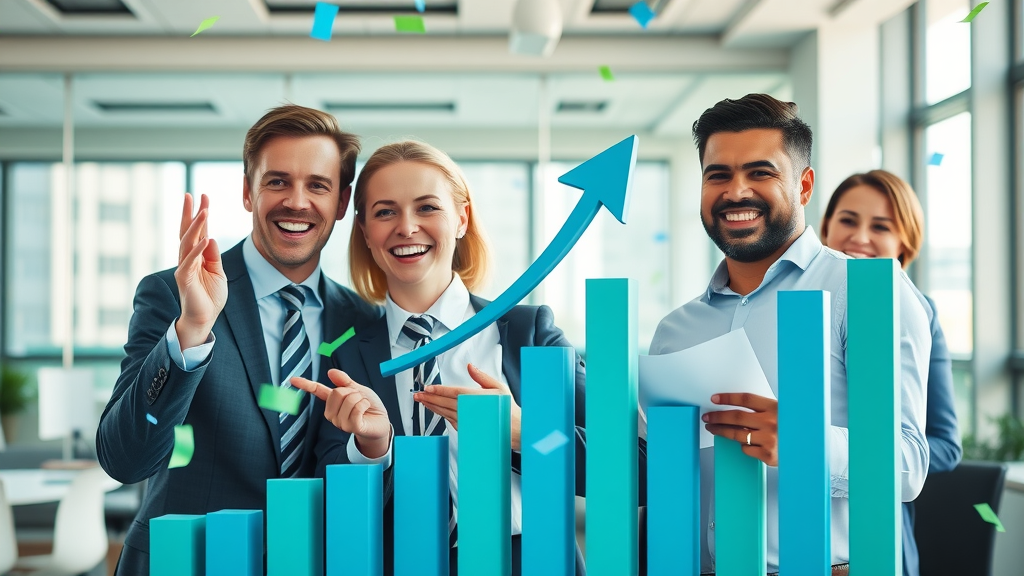 Content marketing strategies driving business growth, team celebrating upward sales data