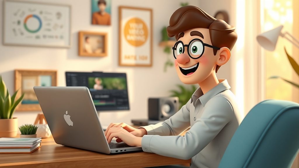 beginner marketer setting up first video marketing campaign in a motivational home office