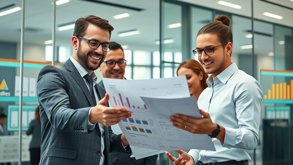 Brand equity strategy team analyzing market data in modern office