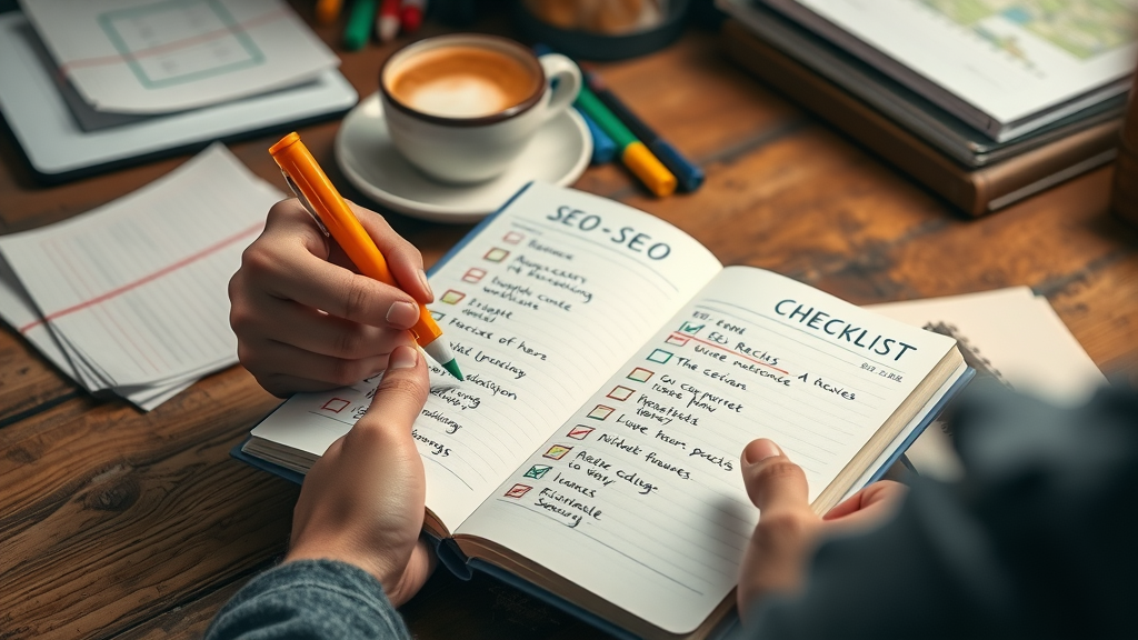 Notebook featuring actionable on-page SEO checklists for meta descriptions, title tags, and internal links.