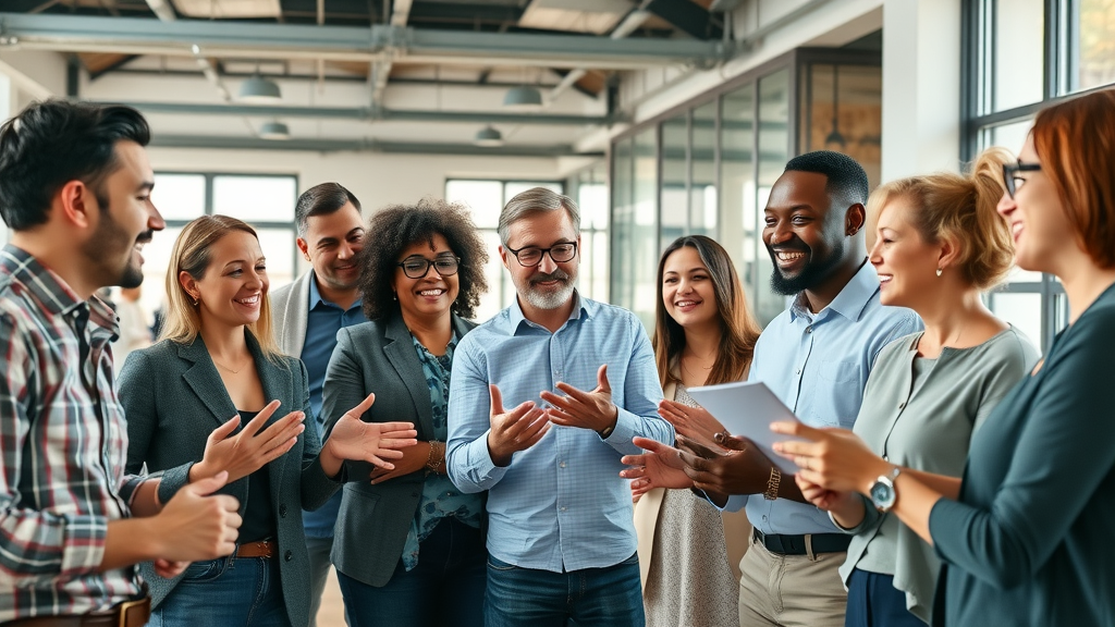 dynamic group of diverse marketers collaborating on social media marketing strategies in a modern office