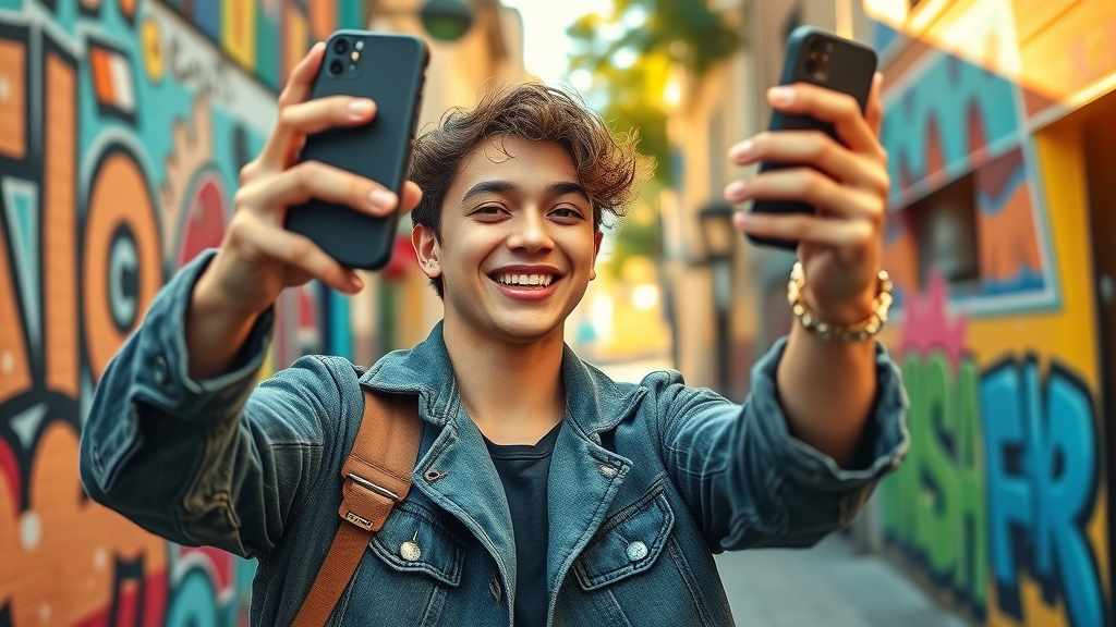 Young influencer creating content on Instagram in vibrant urban setting