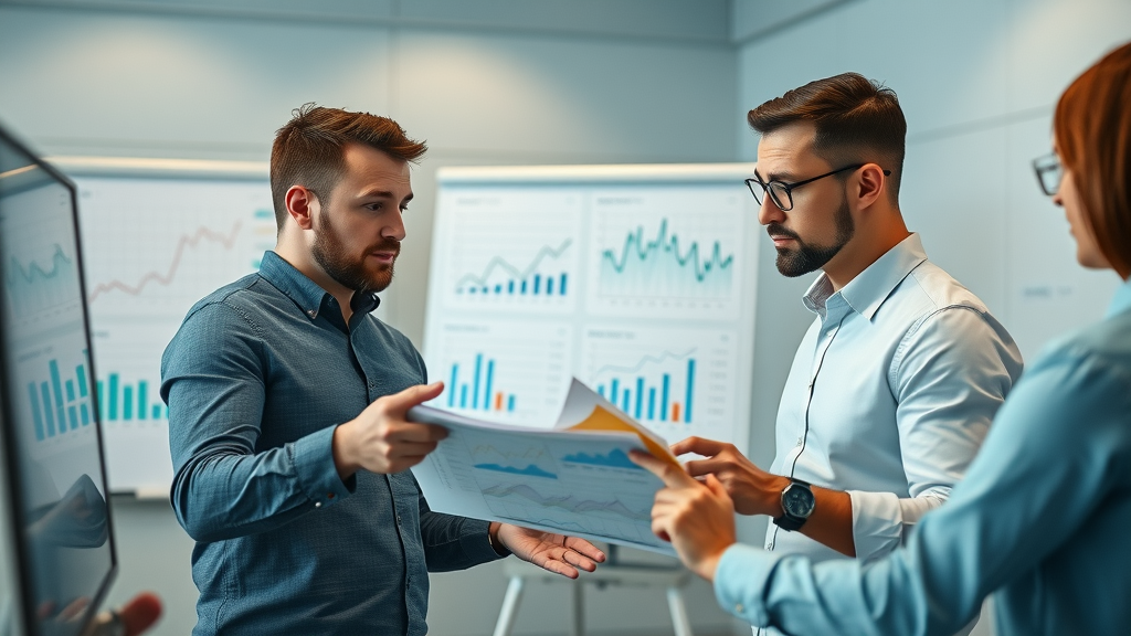 Marketing and SEO strategy session with marketers analyzing performance trends, charts showing organic traffic spikes, photorealistic modern office.