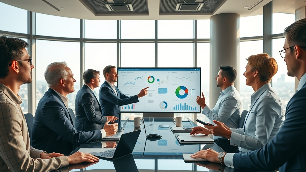 Dynamic corporate boardroom with fractional CMO engaged in strategy, marketing team collaboration, high-rise city view, benefits of fractional CMO, professional executives, digital data on screen