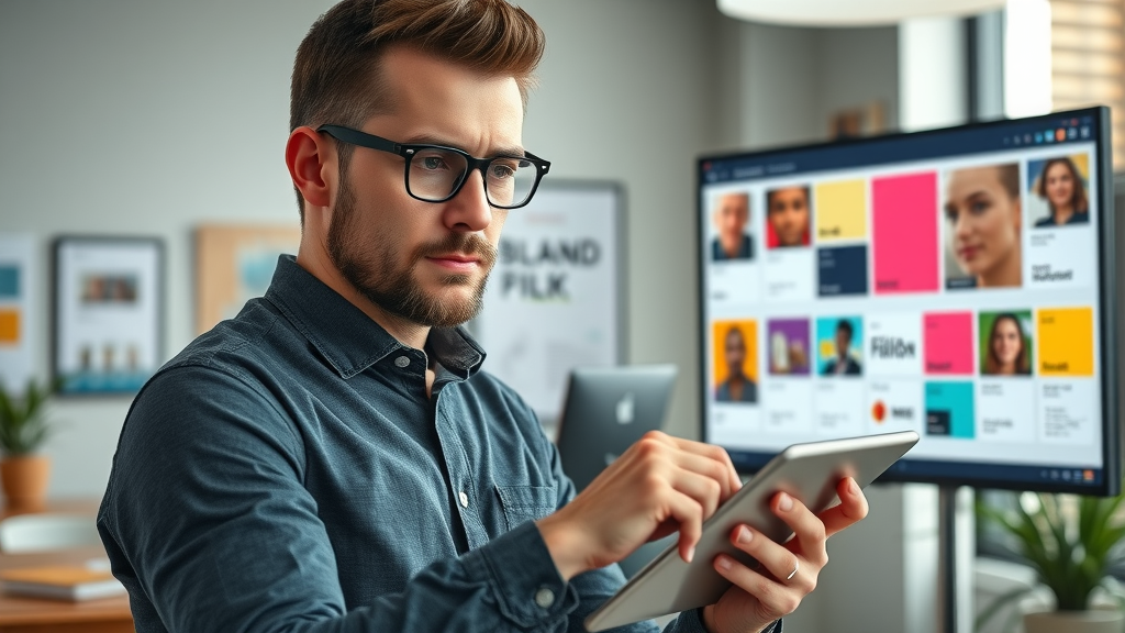 designer creating brand guidelines in a modern creative agency office with digital brand moodboard