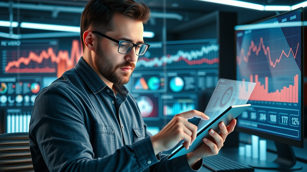 analytical marketer reviewing real-time video marketing performance dashboards on a futuristic tablet
