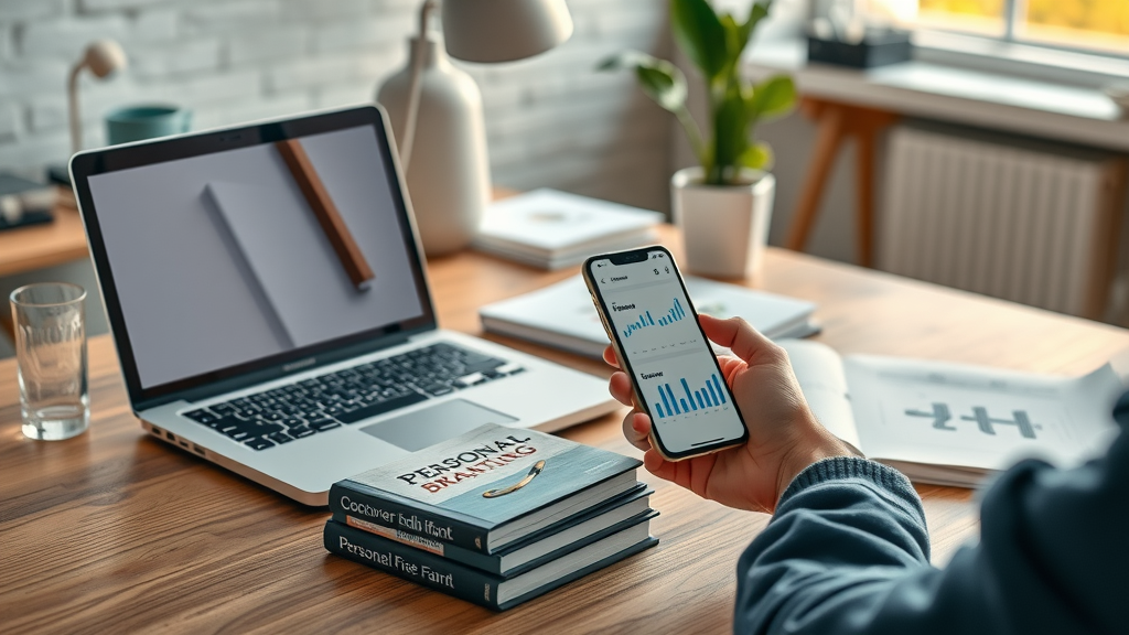 tabletop scene with books and digital tools for personal branding