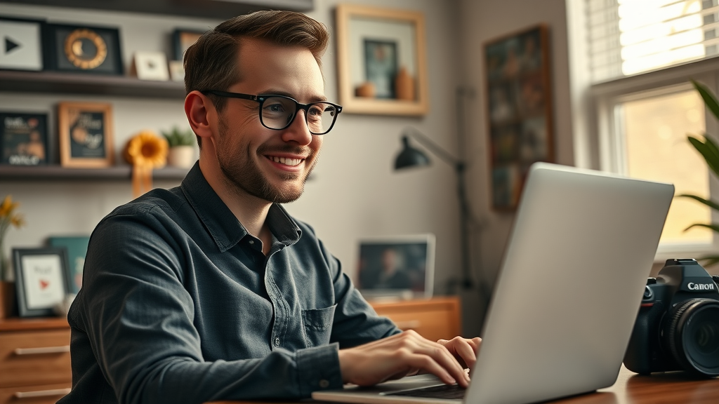 confident content creator reviewing winning video content statistics